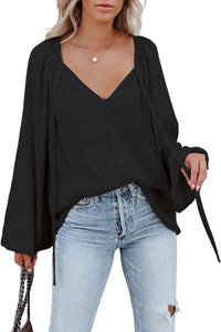 Black Tie V Neck Pleated Puff Sleeve Satin Blouse