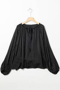 Black Tie V Neck Pleated Puff Sleeve Satin Blouse