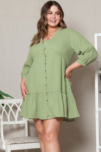 Green Textured Ruffled Buttoned V Neck Plus Size Mini Dress