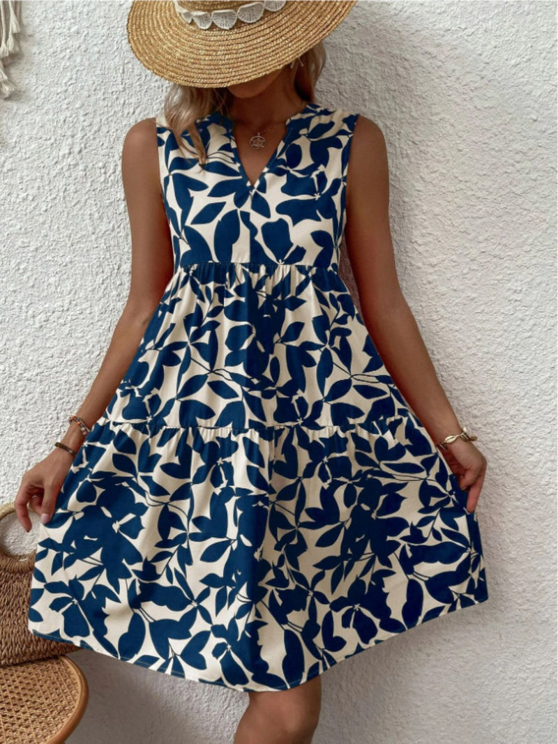 Vestido mini sin mangas con estampado y escote en V