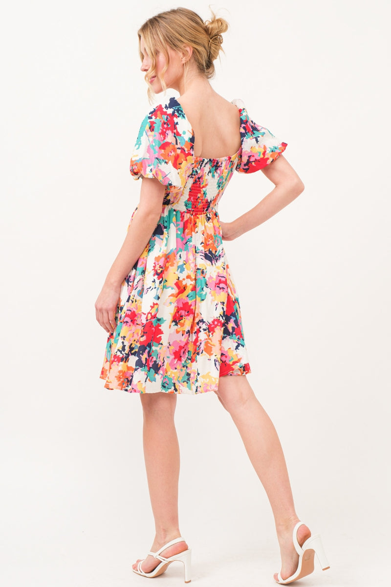 And The Why Vestido floral con mangas abullonadas y cuello cuadrado