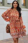 Orange Western Pattern Print Lantern Sleeve Drawstring Mini Dress