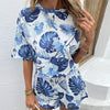 Shiny Floral Print Round Neck Dropped Shoulder Top and Shorts Set