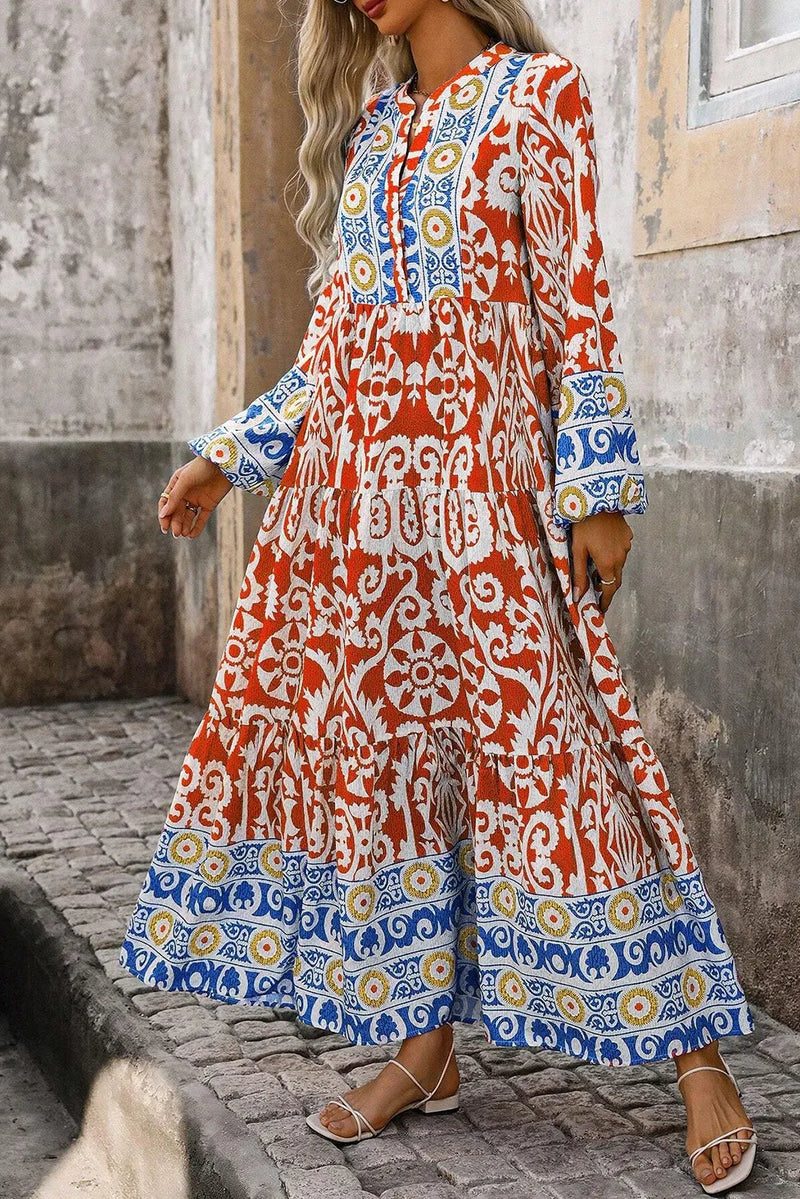 Printed Notched Long Sleeve Maxi Dress