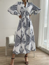 Printed Notched Lantern Sleeve Midi Dress