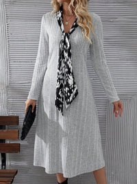 V-Neck Long Sleeve Midi Dress