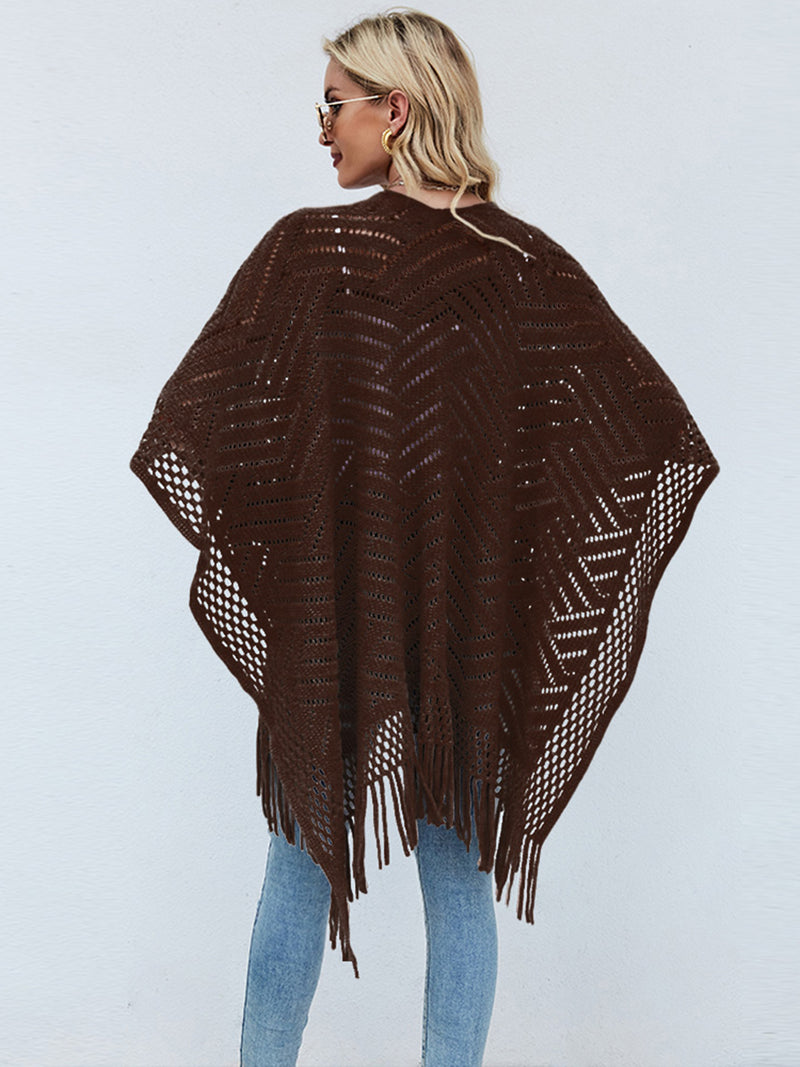 Shiny Fringe Hem Open Front Poncho