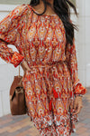 Orange Western Pattern Print Lantern Sleeve Drawstring Mini Dress