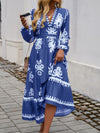 Ruffled Printed Plunge Long Sleeve Dress