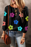 Sequin Flower Round Neck Blouse