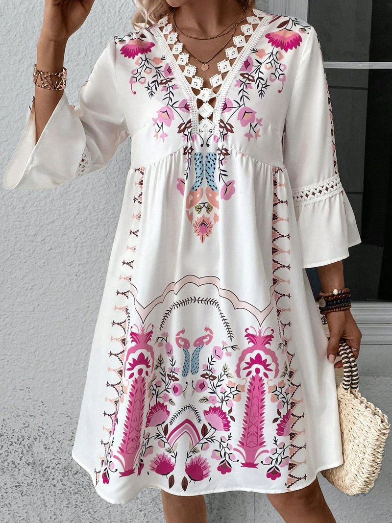 Lace Detail Printed Three-Quarter Sleeve Dress