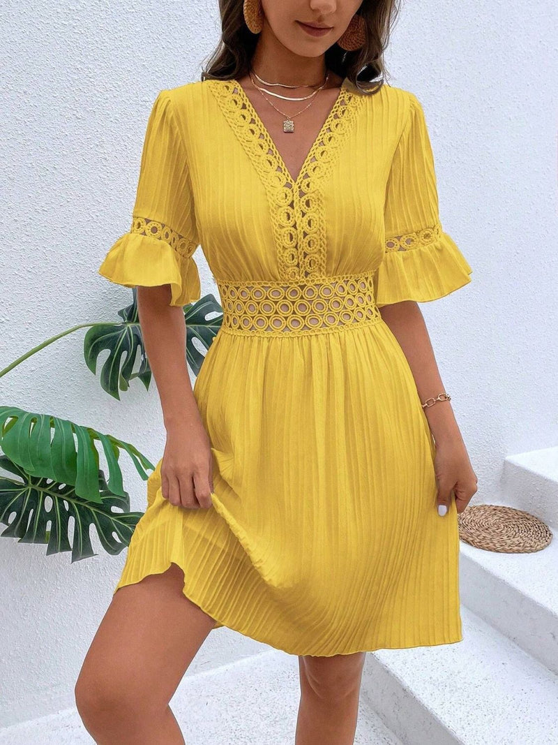 Cutout V-Neck Flounce Sleeve Mini Dress