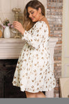 White Plus Size Floral Bubble Sleeve Square Neck Ruffled Dress