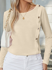 Decorative Button Round Neck Long Sleeve T-Shirt