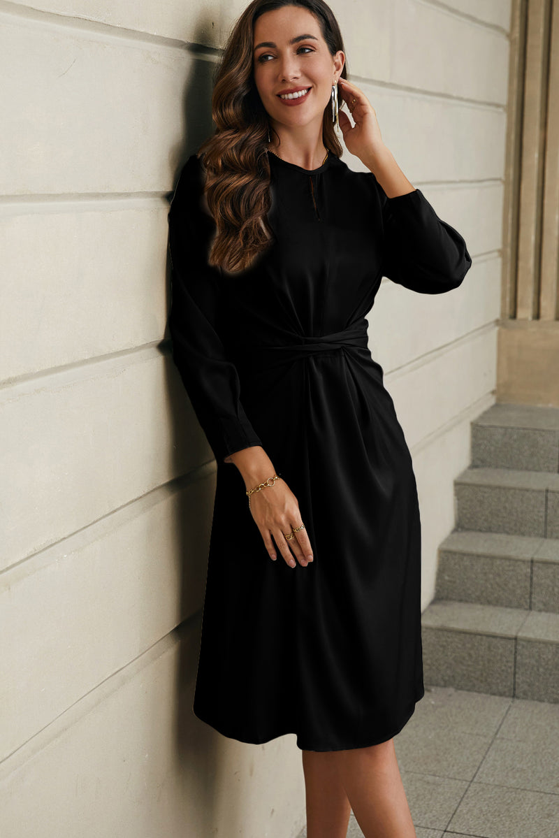 Black Twist Front Tie Back Long Sleeve Satin Dress