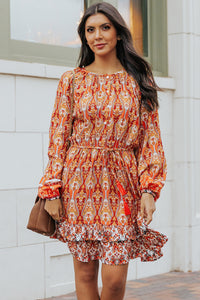 Orange Western Pattern Print Lantern Sleeve Drawstring Mini Dress