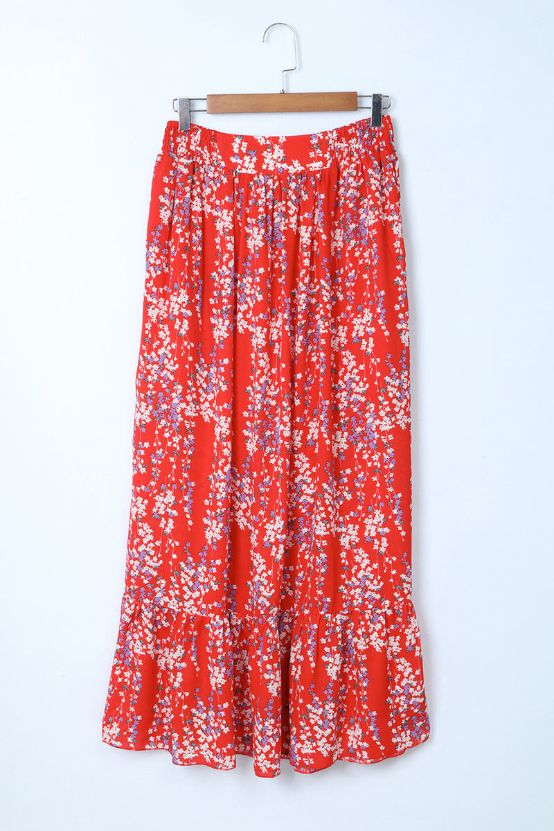 Fiery Red Multicolor Floral Ruffled Crop Top and Maxi Skirt Set