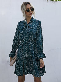 Perfee Polka Dot Tie Neck Long Sleeve Dress