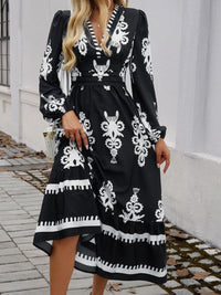 Ruffled Printed Plunge Long Sleeve Dress