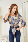 Tie Hem V-Neck Three-Quarter Sleeve Blouse