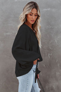 Black Tie V Neck Pleated Puff Sleeve Satin Blouse