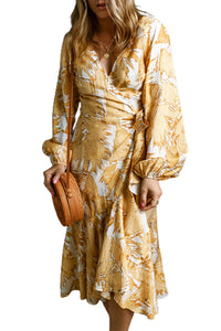 Yellow V Neck Wrap Lace up Bubble Sleeve Floral Dress