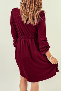 Fiery Red Button Up High Waist Long Sleeve Dress