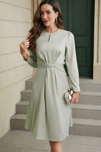 Green Twist Front Tie Back Long Sleeve Satin Dress