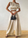 One Shoulder Short Sleeve Top and Wide Leg Pants Set