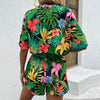 Shiny Floral Print Round Neck Dropped Shoulder Half Sleeve Top and Shorts Set