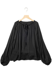 Black Tie V Neck Pleated Puff Sleeve Satin Blouse