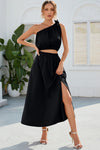 Ruched One Shoulder Top and Slit Skirt Set