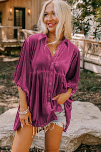 Pitaya Pink 3/4 Sleeve Tunic Babydoll Velvet Shirt