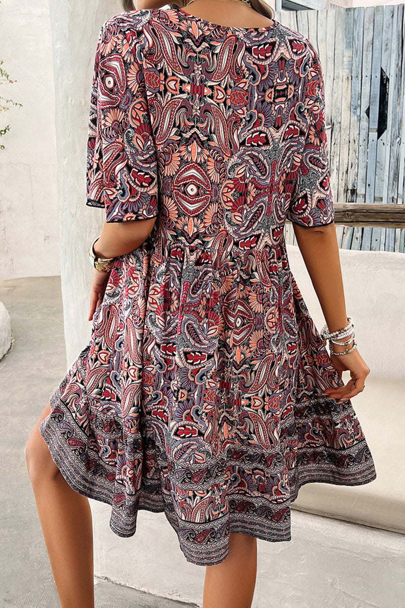 Devine Printed V-Neck Half Sleeve Mini Dress