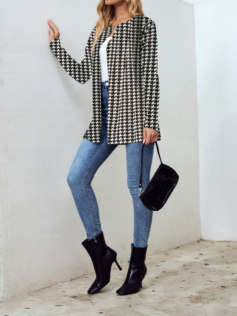 Houndstooth Open Front Long Sleeve Jacket