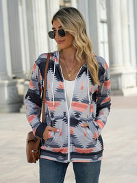 Geometric Zip Up Long Sleeve Hooded Jacket