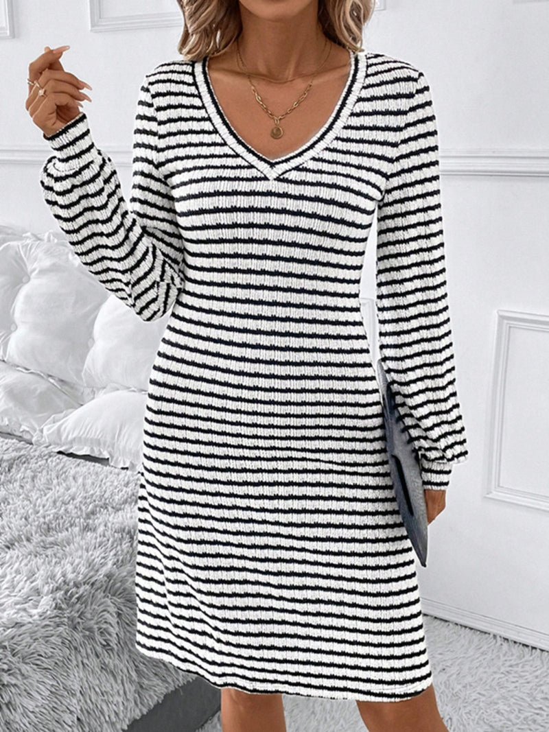 Striped V-Neck Long Sleeve Dress