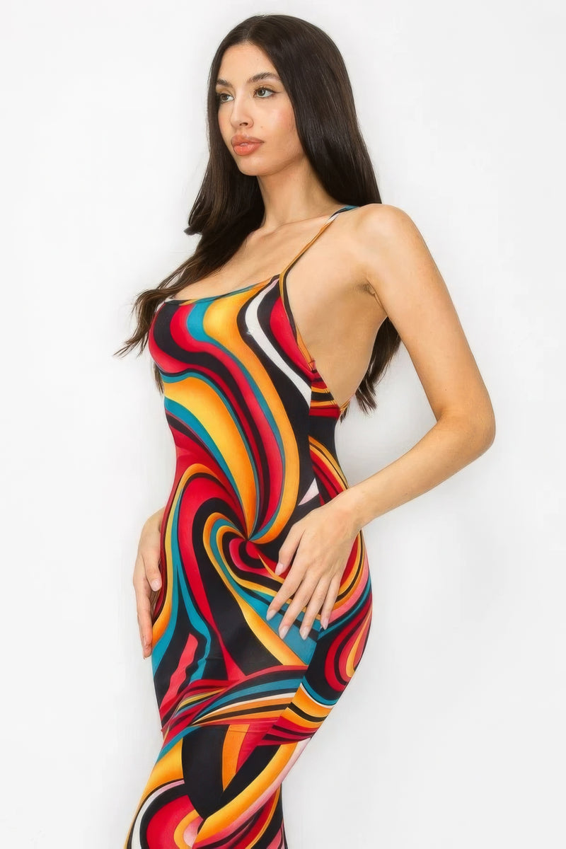 Vestido midi multicolor con estampado de mármol y espalda cruzada