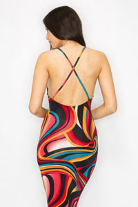 Vestido midi multicolor con estampado de mármol y espalda cruzada