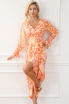 Orange Boho Floral Wrap V Neck Tie Long Sleeve Dress