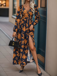 Split Printed Surplice Long Sleeve Midi Dress