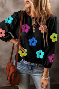 Blusa de Cuello Redondo con Flores de Lentejuelas