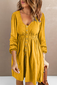 Yellow Button Up High Waist Long Sleeve Dress