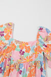 Pink Summer Floral Square Neck Puff Sleeve Babydoll Dress