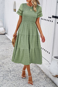 Devine Smocked Round Neck Short Sleeve Midi Dress