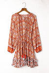 Orange Western Pattern Print Lantern Sleeve Drawstring Mini Dress