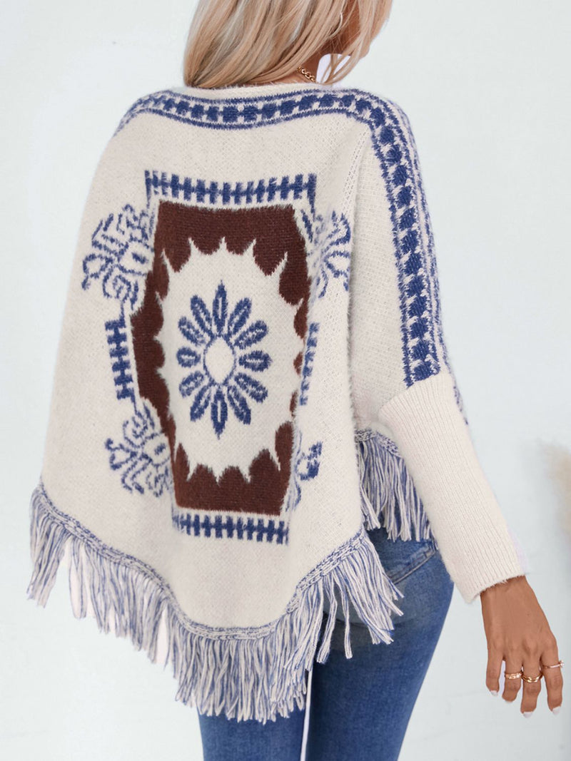 Poncho de manga larga con estampado geométrico y flecos