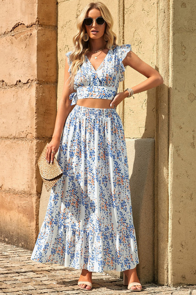 White Floral Ruffled Crop Top and Maxi Skirt Set