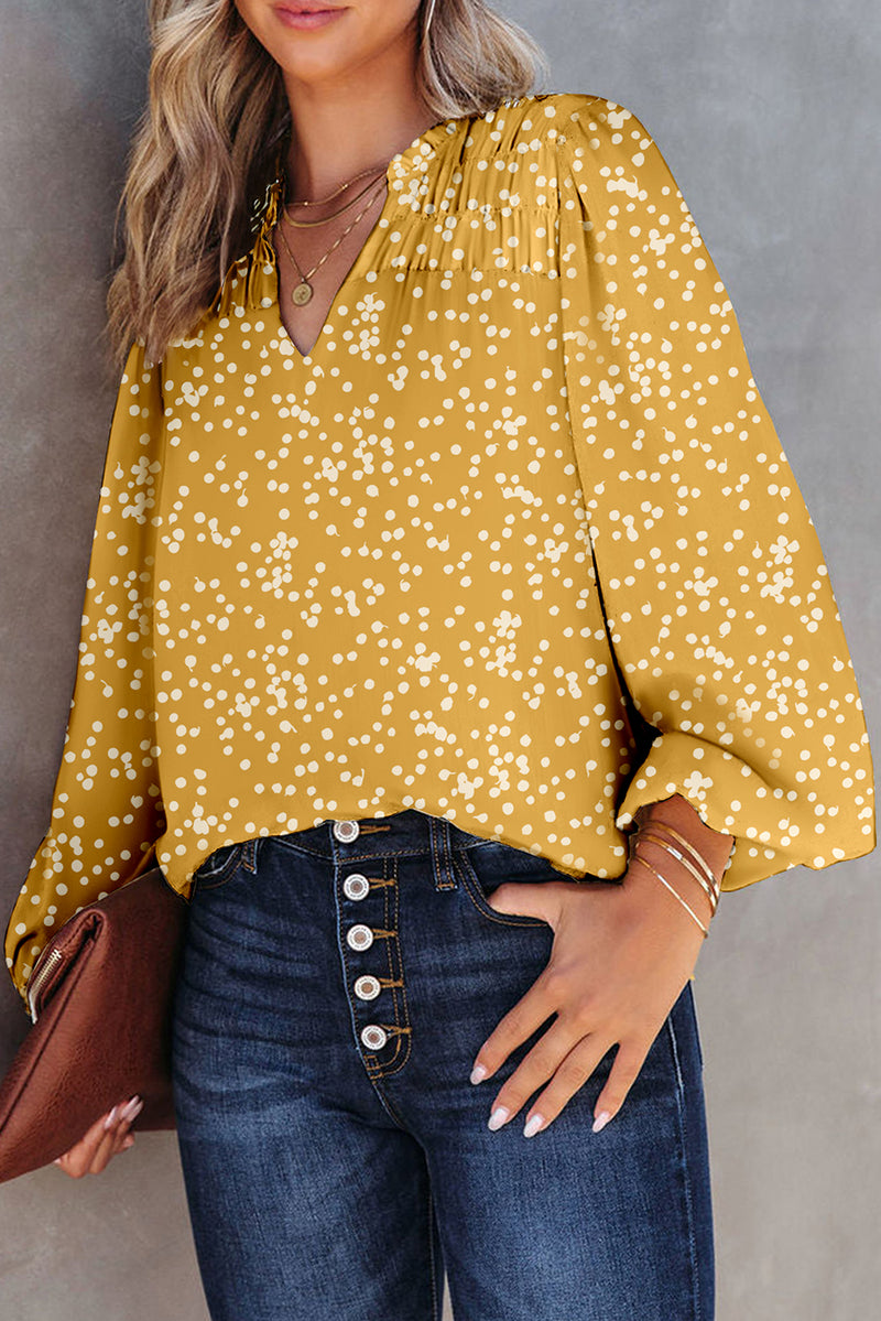 Yellow Split Neck Fall Printed Crinkled Blouse