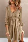 Khaki Button Up High Waist Long Sleeve Dress